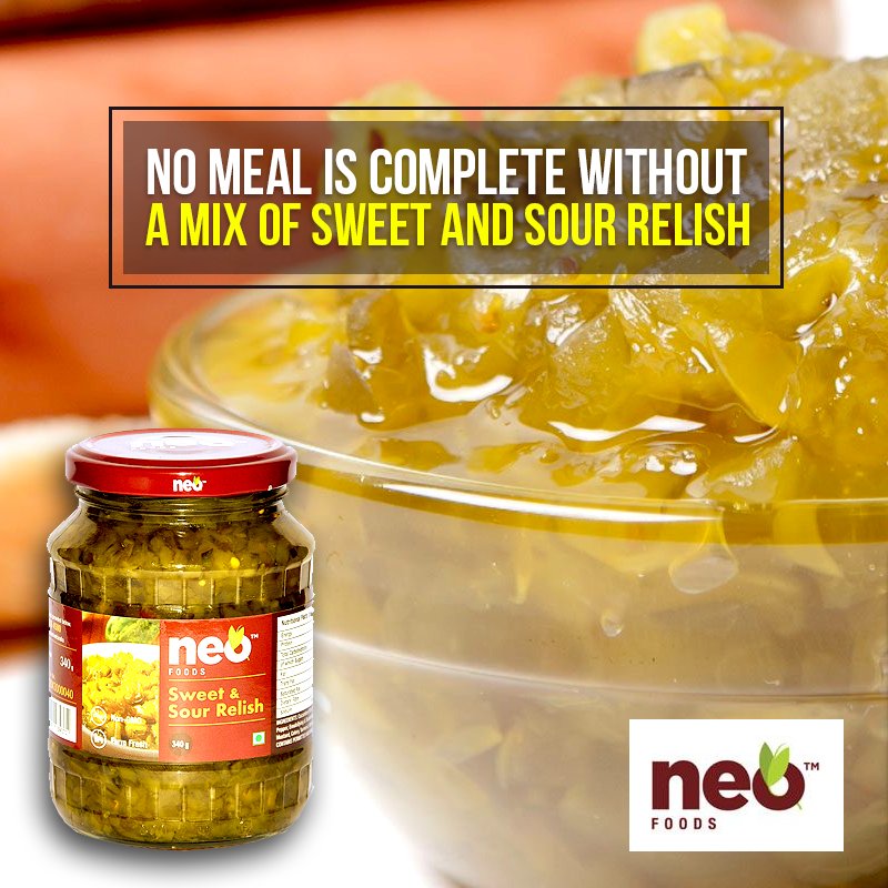 NeoFoodsIndia's tweet photo. Bored of the regular foods at home? Now, add a quirky twist to your regular food with Neo Foods Sweet & Sour Relish. Bring out the aroma and freshness of the farm to your kitchen, and treat yourself with some yummy meals.
#NeoFoods #SweetSourRelish #MakingFoodBetter #YummyMeals https://t.co/vosMNzBO5J
