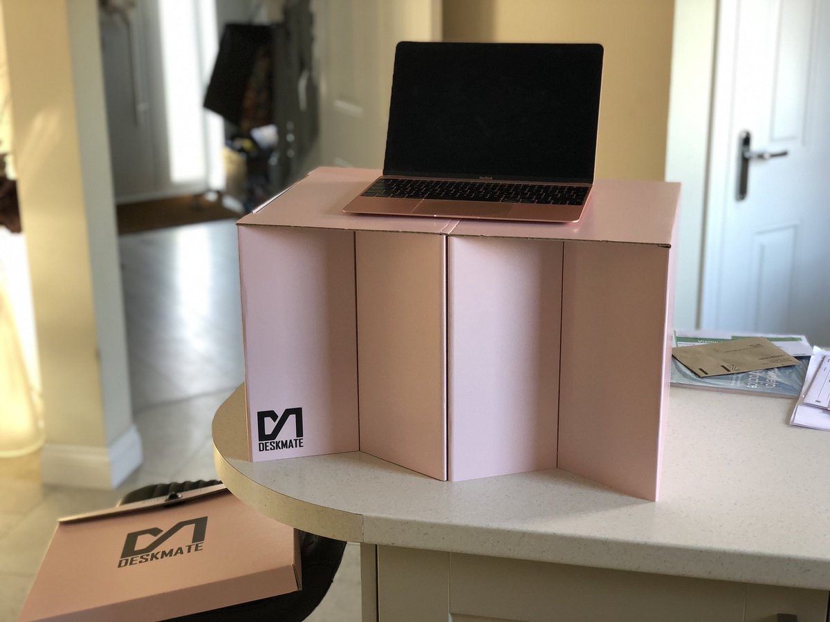 jessgent78's tweet photo. It’s a glorified cardboard sturdy designed box but if it reduces my sitting time whilst at home or travelling now for work will be pretty happy with that! And it’s pink! @wearedeskmate #lovetostand #stayactiveatwork #cantsitlong #transform https://t.co/BJvHctWTzt