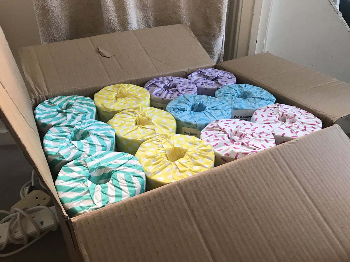 steadfastinlove's tweet photo. Got my new rolls from @WhoGivesACrapTP - loving the new designs! It’s cost me £9 a month and there are three of us (sometimes 4) and random visitors. I think that’s a pretty good deal. And they brings me so much joy! #ecotoiletpaper #thelittlethings https://t.co/9QxfMZ5xYv