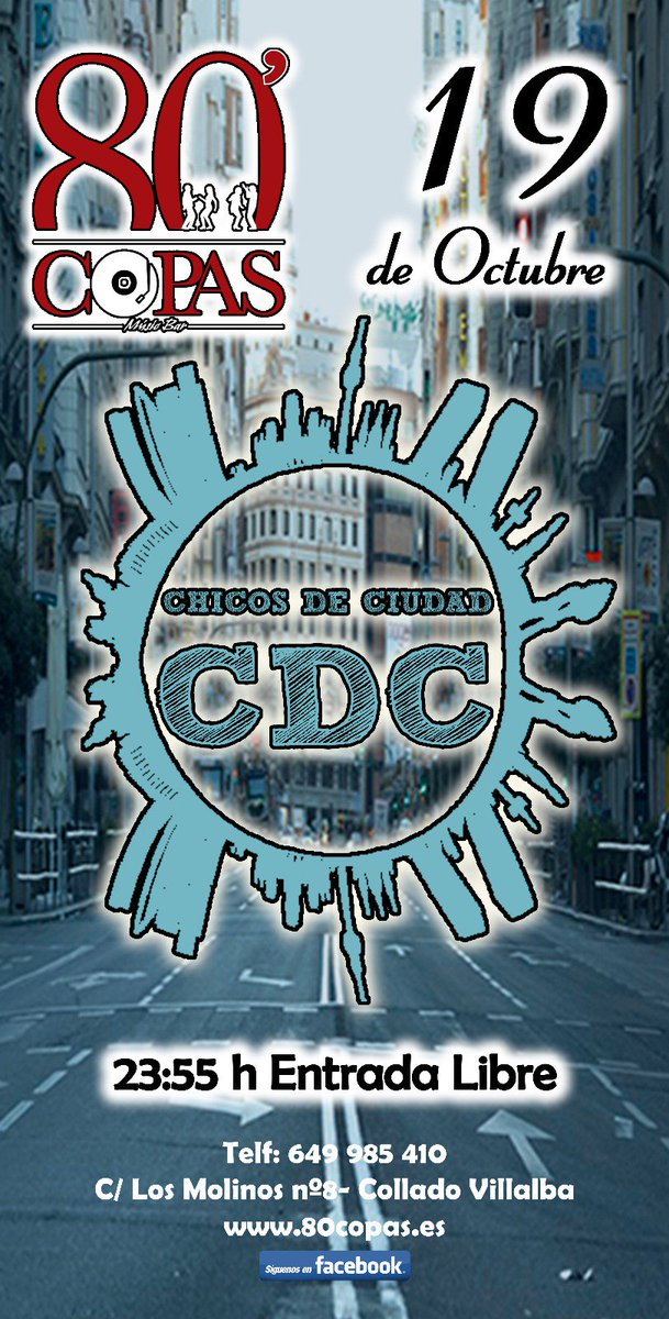 #Concierto en <a href="/80copas/">Sala 80' Copas</a>: Mañana viernes 19 de octubre, a partir de las 12 de la noche, Chicos de Ciudad.
Buena #musicaenvivo con una #Copa.
#EntradaLibre.
<a href="/chicosdeciudad/">Chicos De Ciudad CDC</a> #ColladoVillalba #SalirDeCopas
80copas.es/?e=181019a