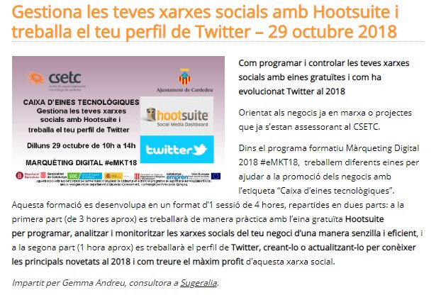 Proper curs "Com programar i controlar les teves xarxes socials amb eines gratuïtes i com ha evolucionat Twitter al 2018" al Centre de Suport Tècnològic i Empresarial de #Cardedeu.
Places limitades.
csetc.cat/2018/10/gestio…