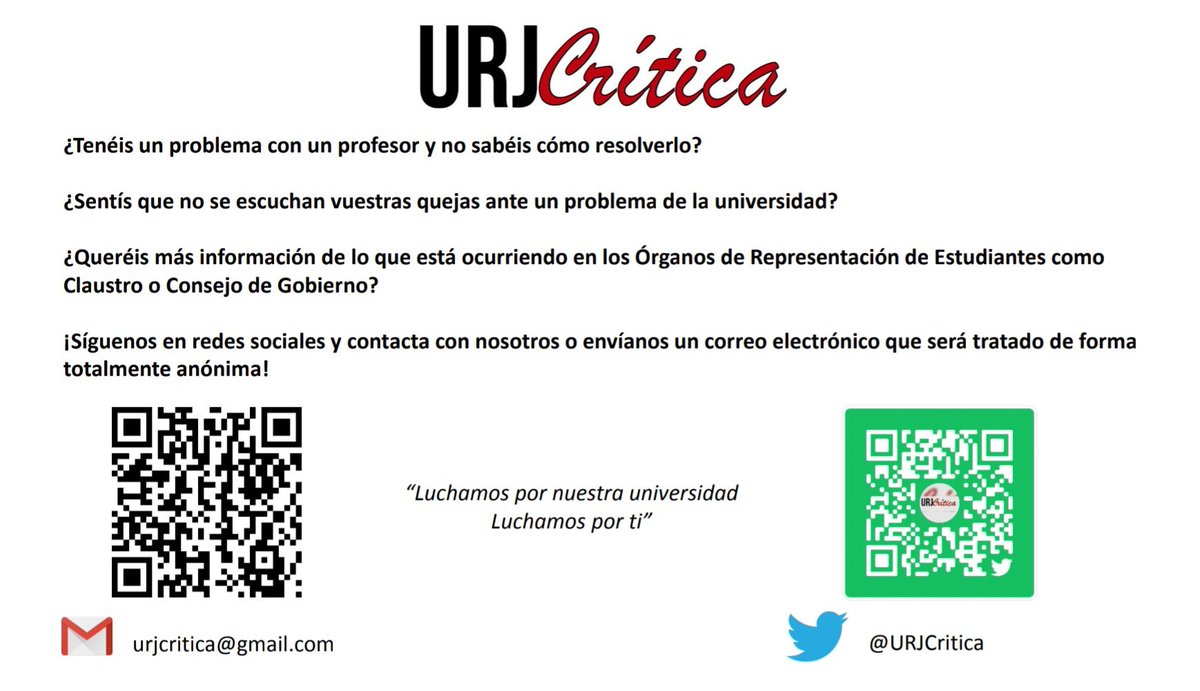 🙋‍♀️! Somos #URJCrítica, la candidatura conjunta de asociaciones y estudiantes que ganó las pasadas elecciones al Claustro. También conseguimos 4 representantes en el Consejo de Gobierno. 

Para cualquier duda, petición o queja, envíanos un MD o correo a urjcritica@gmail.com👈