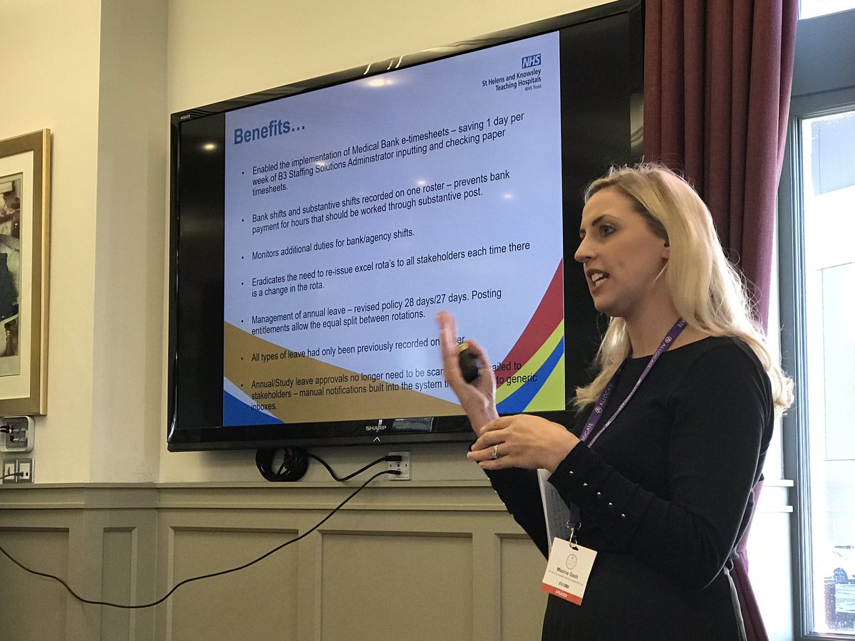 RoseANaylor's tweet photo. High energy & encouraging presentation from Maxine from @sthknhs team on implementing junior doctors erostering based on their experience as employer of 8000 junior drs #ALLUG2018 improving efficiency, experience & safe working @MedEdJersey @drphughes @RobSainsbury4 https://t.co/MRUqbl37Is