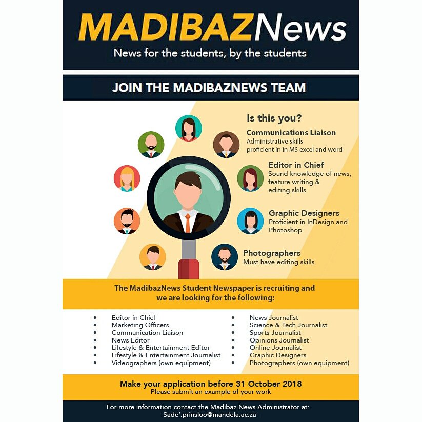@MadibazNews is still recruiting 🎉. Check out our website for more information (madibaznews.mandela.ac.za)

#madibaznews 
#madibazradio 
#madibazsport
