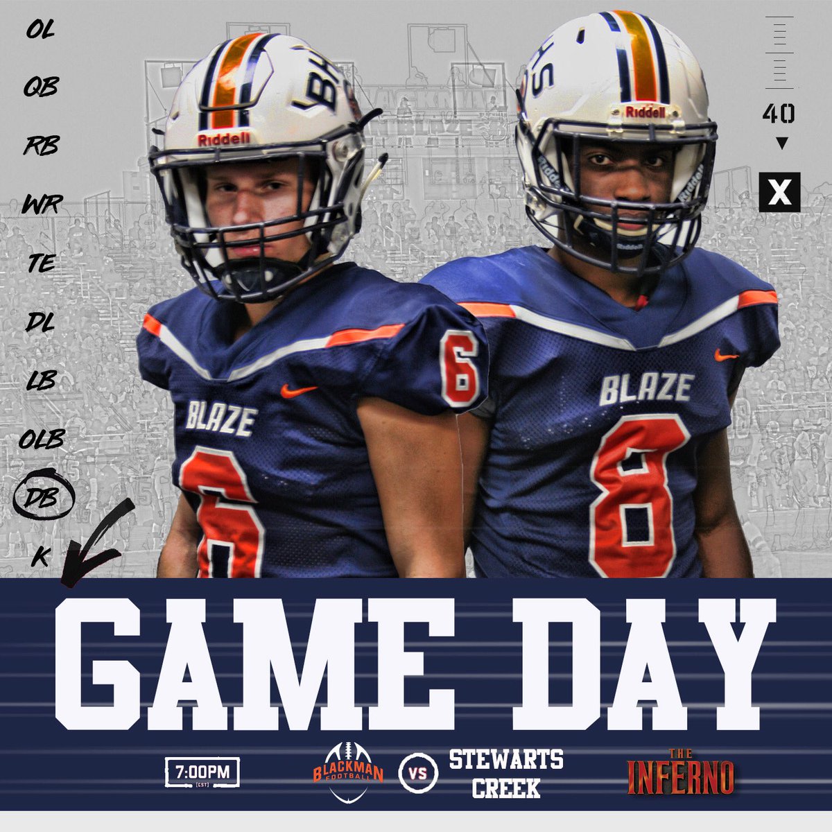 BlackmanFtball's tweet photo. 🏈: Blaze vs @schsredhawks 

🔥: Blaze Walk @ 5:30 pm

⏰: 7 pm

📍: The Inferno 

📻 101.9, 100.5, 1450

📱”WGNS” in App Store

💻 https://t.co/IK2LrEqstB

#WeAreBlackmanhaye https://t.co/ngpGmHTQkX