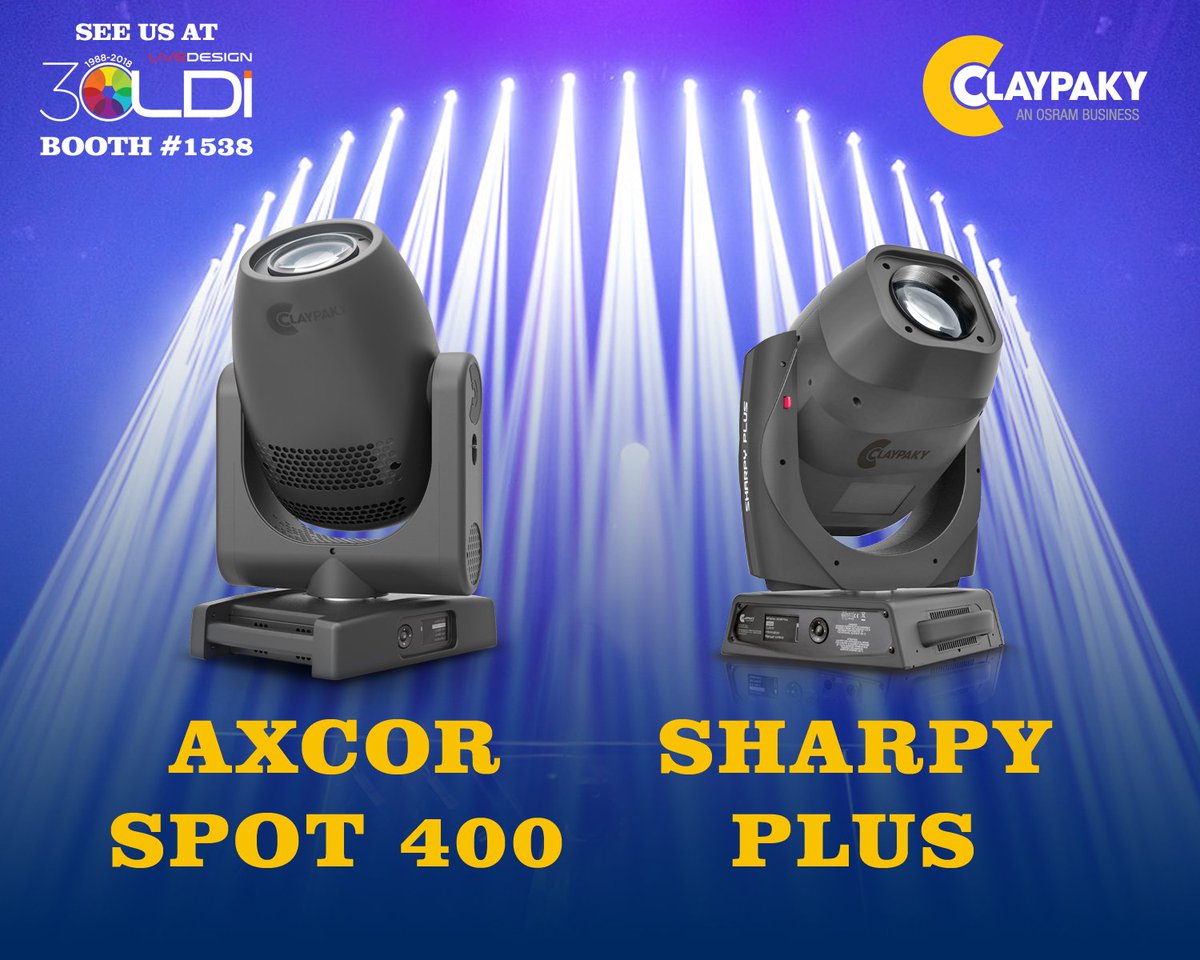 ClayPakyNews's tweet photo. Say welcome to Axcor Spot 400 & Sharpy Plus!
-1 to see them at @LDITradeshow, booth #1538
Don't miss it!
#Claypaky #AxcorSpot400 #SharpyPlus #LDI2018 #LasVegas https://t.co/IDohJptmsY