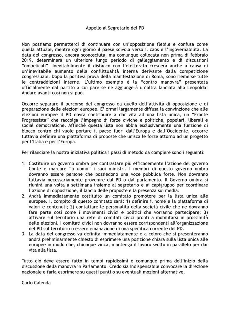CarloCalenda's tweet photo. Testo del mio appello a @maumartina per rilanciare immediatamente l’azione di opposizione del @pdnetwork e preparare le elezioni europee https://t.co/LsTitNztZT