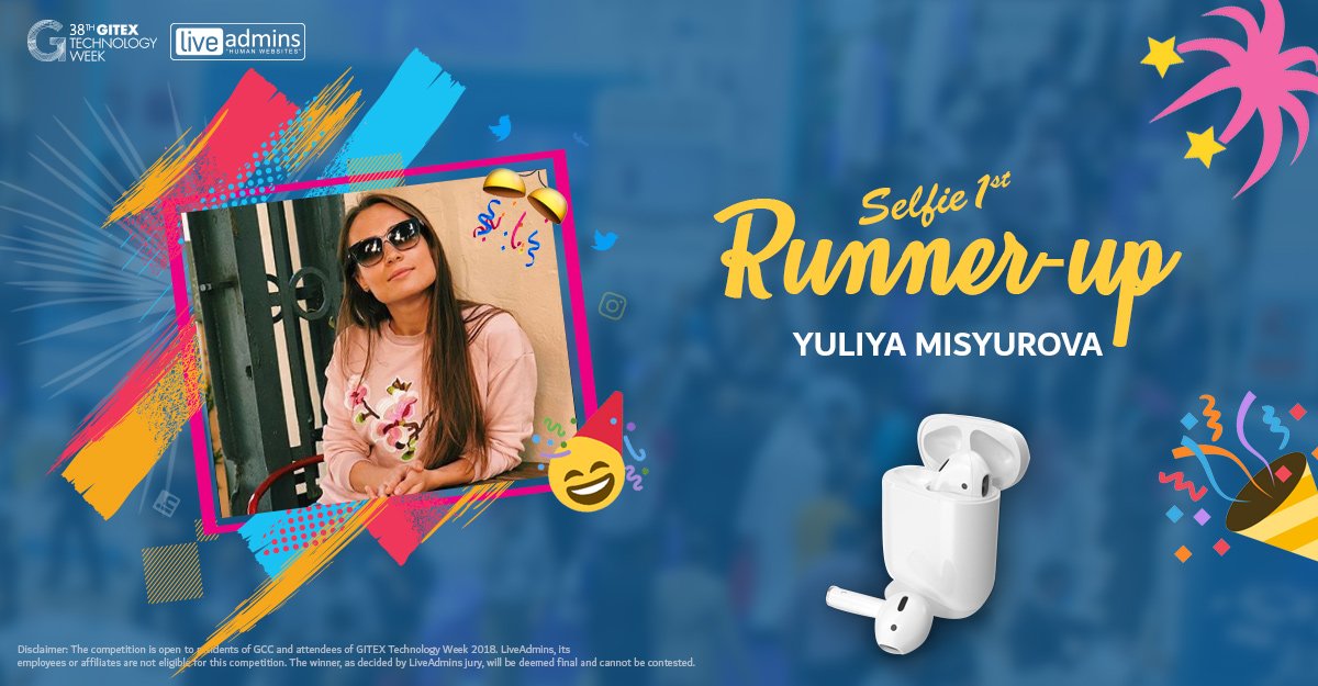 LiveAdmins's tweet photo. Congratulations Yulia Misyurova on winning #Apple #airpods! 

#gitex #GITEX2018 #TheLiveChatPeople #ExperienceFutureUrbanism #technews #GITEXTechnologyWeek #customerexperience #customersupport #customerengagement #customersuccess #customerfeedback #techevent #dxb #dubai #sales https://t.co/8m1n2ZblJK