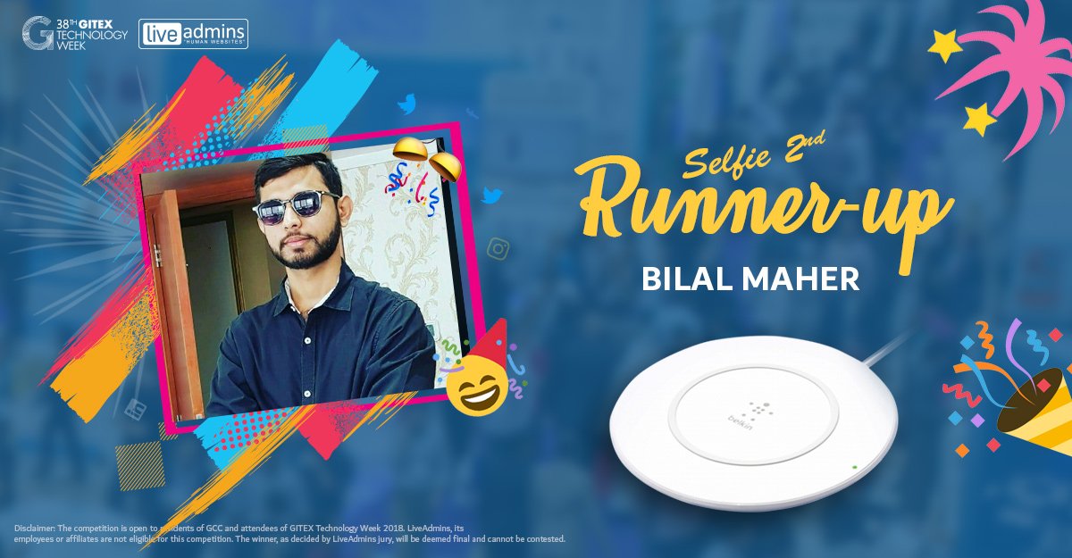 LiveAdmins's tweet photo. Congratulations to the third runner-up of our #selfie competition - Bilal Maher! 🎉🎉

#gitex #GITEX2018 #TheLiveChatPeople #ExperienceFutureUrbanism #technews #GITEXTechnologyWeek #customerexperience #customersupport #customerengagement #customersuccess #customerfeedback https://t.co/32xGo5YrRd