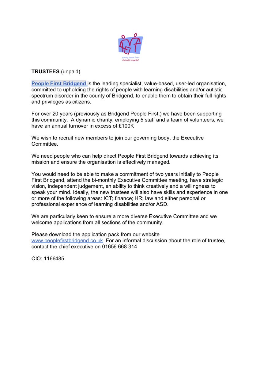PFB are recruiting new trustees.  If you would like to have a chat about joining our Executive Committee, please contact Jason Tynan, Chief Executive on 01656 668 314 or email ceo@peoplefirstbridgend.co.uk <a href="/BAVO_CVC/">BAVO</a> <a href="/BridgendCBC/">Bridgend CB Council</a>