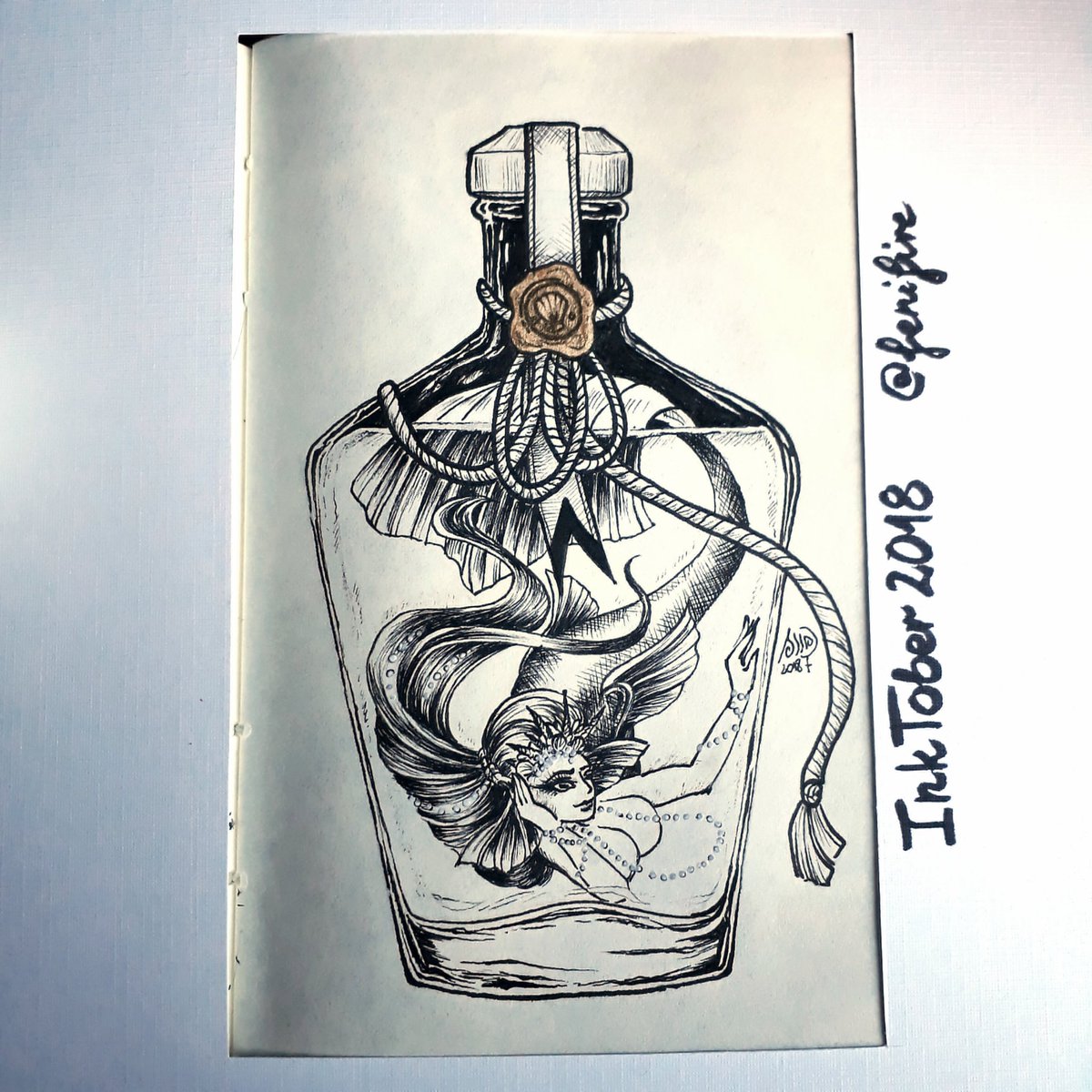 fenifire's tweet photo. Inktober Challenge No 18 - Bottle
A real bottled liqueur has to have something interesting inside 😉
.
#inktober #inktober2018 #inktoberday18 #drawing #drawingseries #inkdrawing #originalart #traditionalart  #illustration #blackandwhite #mermaid https://t.co/kgRcGffI4Y