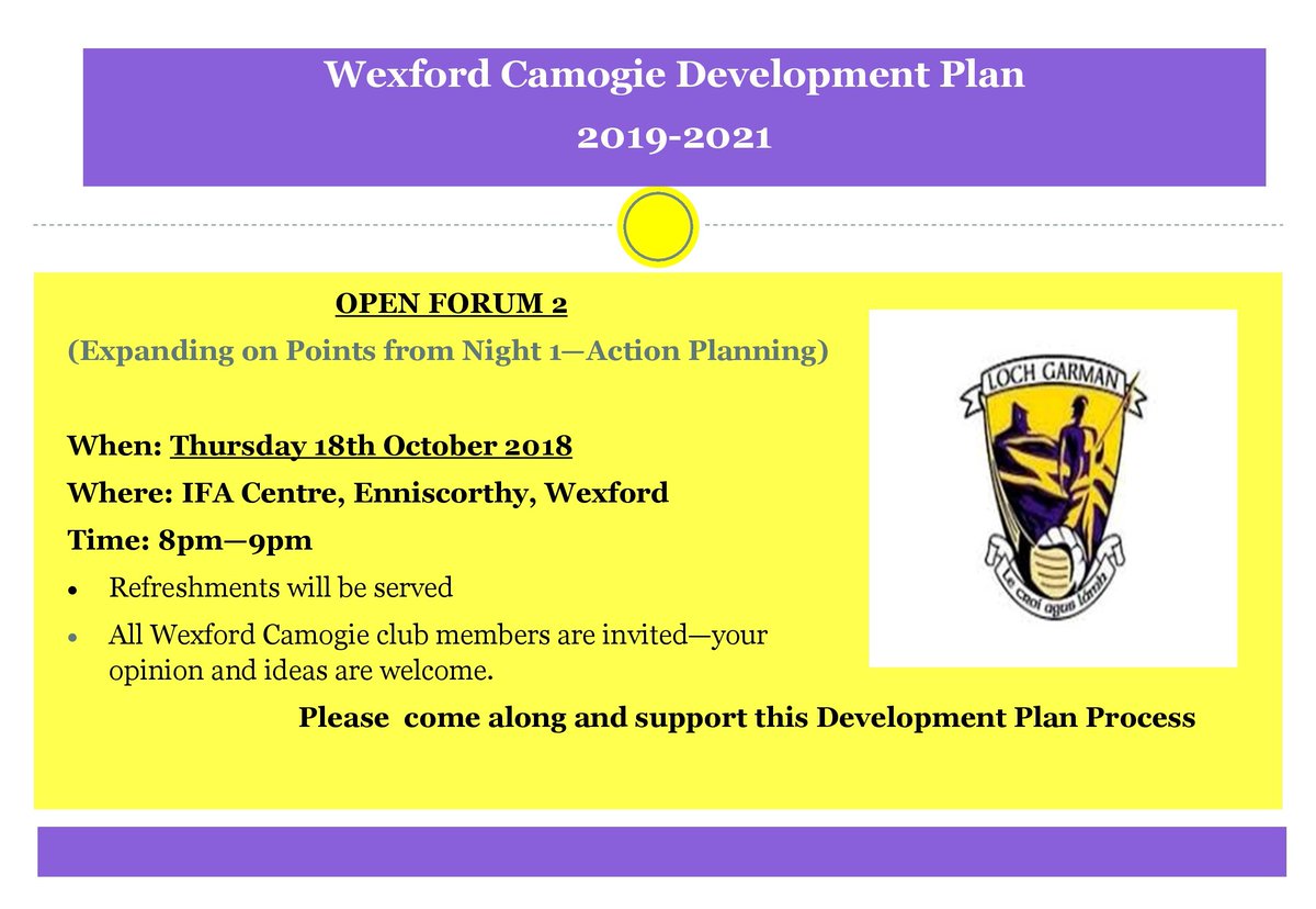 CamogieDevelop's tweet photo. @wexfordcamogie 2nd night of the Development Forum takes place tonight in Enniscorthy IFA centre, same time of 8-9pm. Some brilliant feedback from the last evening so heres to building on the discussion tonight! https://t.co/gUqLlI3bdm