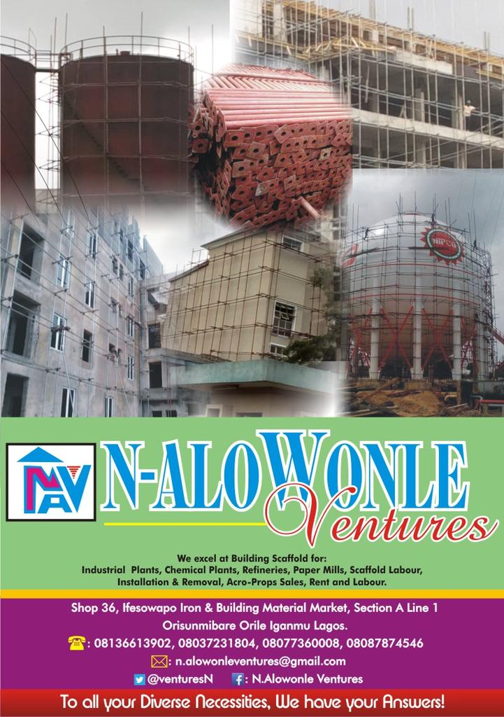 VenturesN's tweet photo. UTMOST CHOICE, PRACTICALITY, CARE AND COST EFFECTIVENESS, IN THE LEAST TIME WITH THE SMALLEST FUSS…THAT’S EXACTLY WHAT THE N.ALOWONLE VENTURES TEAM AIMS TO OFFER YOU.SCAFFOLDING PRODUCTS FOR PROJECTS OF ALL SIZES CONTACT US TODAY 08136613902,08037231804,09085156778.08077360008 https://t.co/aF7WEnRiCB