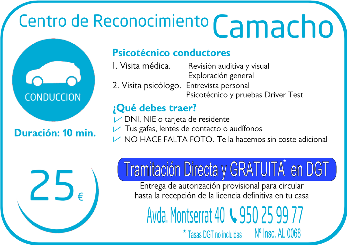 centrocamacho's tweet photo. ¿Tienes que renovar tu permiso de conducir o vas a examinarte para obtenerlo? 
En Centro de Reconocimiento Camacho puedes adquirir el certificado necesario. 
Consulta nuestros horarios. #Almeria #reconocimientomédico #certificado #permisodeconducir https://t.co/mA7WqGPWm1