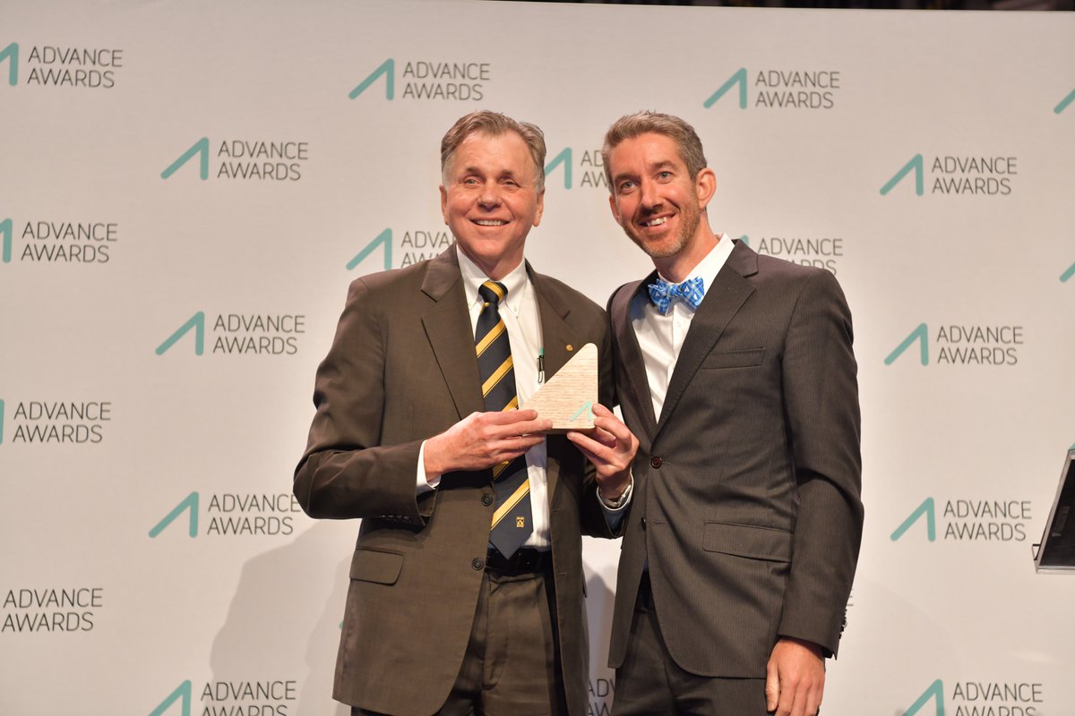 Advance's tweet photo. Nobel Laureate Prof Barry Marshall @barjammar brought the audience to its feet in a standing ovation as the winner of the Global Impact Award, continuing to make a positive impact through his pioneering work in identifying the cause of peptic ulcers. #AdvanceAwards18 @scottfarkas https://t.co/UHiUlT9Gyt