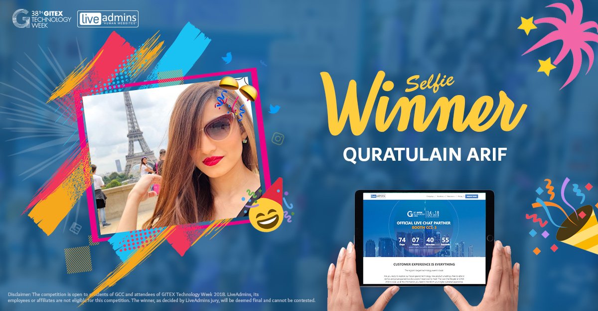 LiveAdmins's tweet photo. *drumroll*.... and for 1st prize, Quratulain Arif wins an amazing #iPad! Congratulations to all the winners. 

#gitex #GITEX2018 #TheLiveChatPeople #ExperienceFutureUrbanism #technews #GITEXTechnologyWeek #customerexperience #customersupport #customerengagement #customersuccess https://t.co/ofApVgZJGT