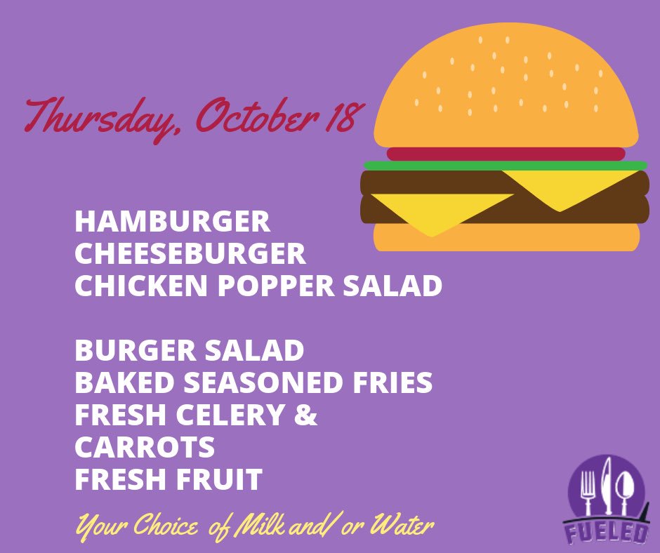 fueledbyaisd's tweet photo. It’s burger day today  in all Angleton ISD elementary schools. If you don’t want a burger, we are also serving Chicken Popper Salads. Make sure to pick up your fresh fruit, veggies and drink!  #FueledbyAISD https://t.co/Czbrca5mSV