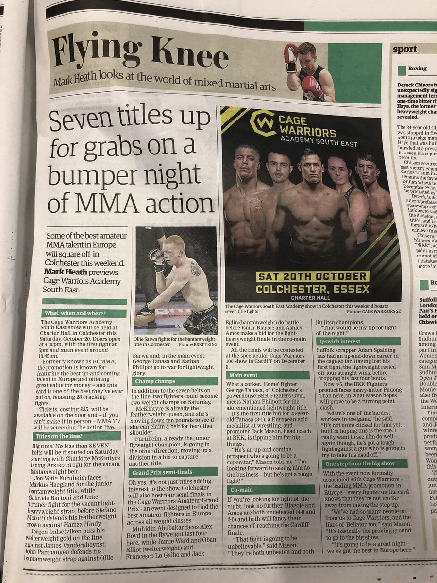 mark__heath's tweet photo. In today’s @EADT24 - my preview of @CWA_SouthEast show in Colchester this Saturday. Buy it and help me spread the #MMA message! 👊🏼👊🏼 @JackStoneMason @26Spalding https://t.co/LxuXGuRGdX