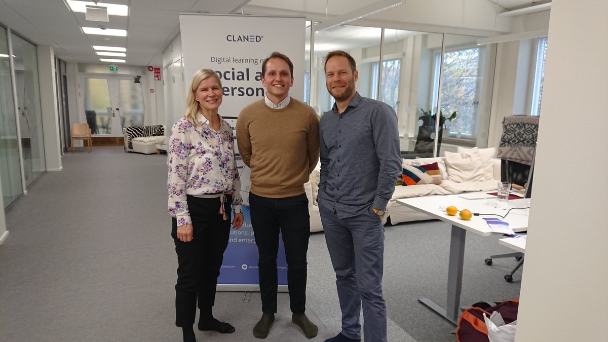 OBS_UniOulu's tweet photo. University of Oulu aims at developing digital education, and we at OBS are on board! @wondering_jan and @AnneMariaKerane are currently planning new material and paid a visit to the office of the learning platform @Claned_ used in our courses. #education #digitallearning https://t.co/b7fl5ZjdtU