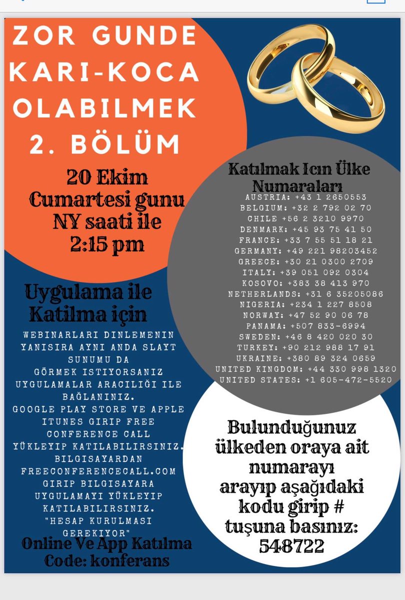 NasilBasederim's tweet photo. Kıymetli takipçilerimiz,
20 Ekim Cumartesi günü New York saatiyle 2:15 pm de 2. Bölümü yapılacak olan "Zor Günlerde Karı-Koca olabilmek" konulu konferansımıza online katılabilirsiniz. 
Katilim ücretsizdir.
Detaylara ekteki ilandan ulaşabilirsiniz. https://t.co/5IE2OY11Bp