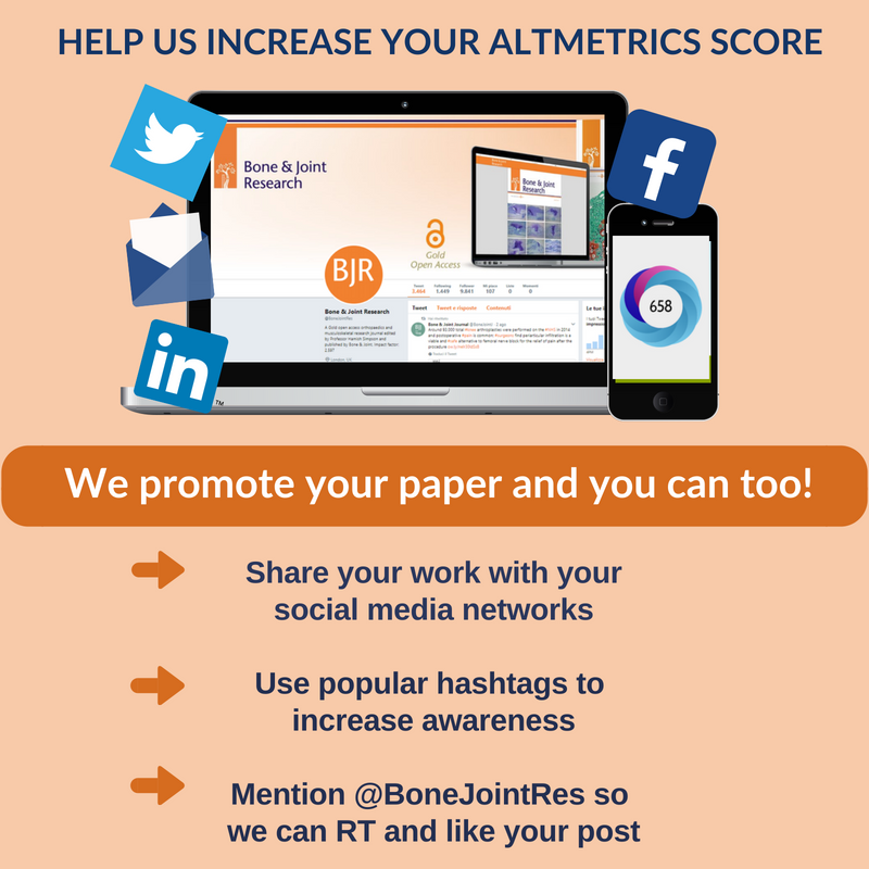 BoneJointRes's tweet photo. BJR is committed to promoting your paper and you can help us too! Increase your #altmetricScore by sharing your work with your social community.
Find more info about how to #publish with @BoneJointRes
https://t.co/JvM2Yo8WE7
#publishwithus #submit #promoteyourpaper https://t.co/W4onfWbZ2P