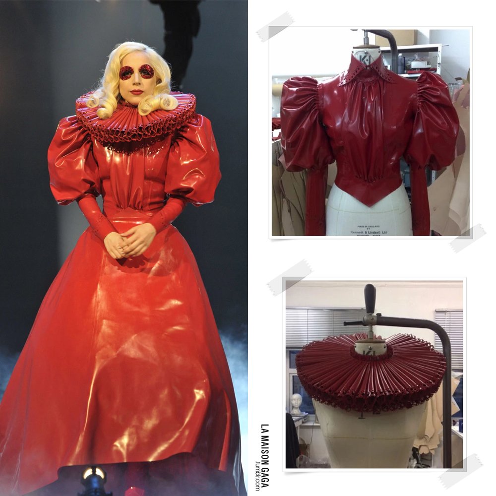 Back in Time: @ladygaga attended the Royal Variety Performance in  Blackpool, UK wearing a custom @AtsukoKudoLatex Queen Elizabeth-inspired red  latex top, skirt with tulle underlay, neck ruffle and latex stocking boots.