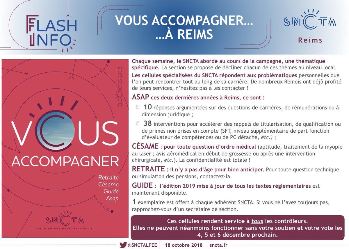 SNCTALFEE's tweet photo. Vous accompagner aussi à Reims.
Les cellules spécialisées du @SNCTA répondent aux problématiques personnelles que l’on peut rencontrer tout au long de sa carrière. Elles s'adressent à tous les contrôleurs mais ne peuvent fonctionner sans votre soutien. #ElectionPro #456décembre https://t.co/hAblYIxYEy