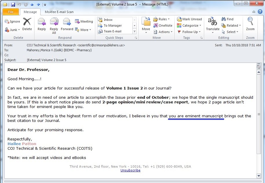 mmPharmD's tweet image. Dammit.  I *am* an eminent manuscript and I wish more of you recognized that.  #PredatoryJournal @PaulSaxMD @FungalDoc