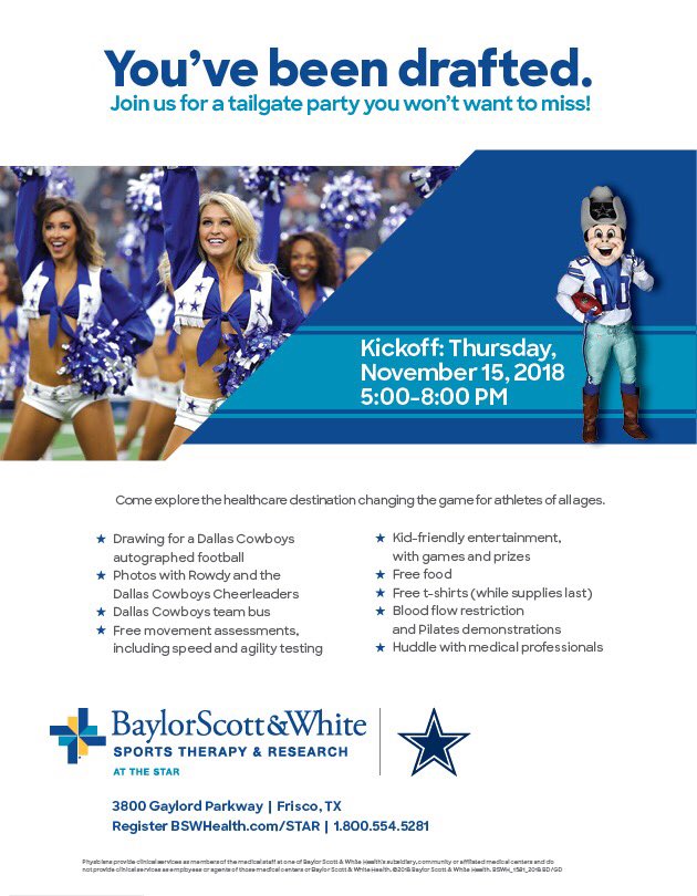 Mark your calendars <a href="/CityOfFriscoTx/">City of Frisco,Texas</a>! Join us on November 15th <a href="/bswhealth_STAR/">Baylor Scott & White at The Star</a> for a fun night of education and interactive activities for the whole family! <a href="/bswhealth/">Baylor Scott & White Health</a> #concussion #sportsperformance #primarycare #orthopedics #PT