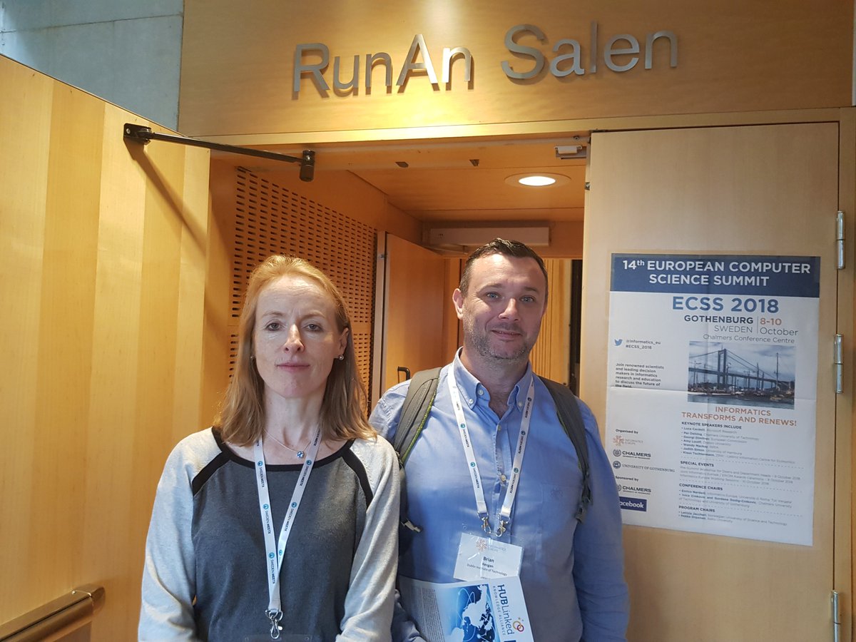 tudublincompsci's tweet photo. Dr Susan McKeever & Dr Brian Keegan at @informatics_eu conference in Gothenburg. Susan was a runner up in the Minerva Award for Gender Equality. #ECSS_2018 had a strong emphasis on ethics and is supported by over 120 members institutes from across Europe @ditofficial @hub_linked https://t.co/zAZl4xYMJy