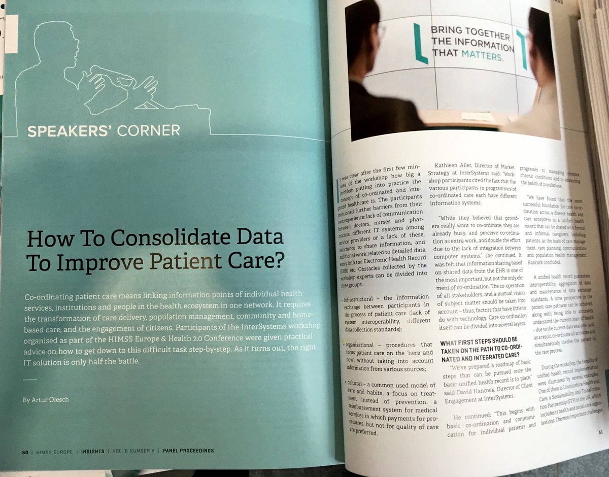 ArturOlesch's tweet photo. How to consolidate data to improve patient care? Read my article in the newest edition of @HIMSSInsights Lot of great articles on #DigitalHealth & #telemedicine #HIMSSimpact @himsseurope @InterSystems @InterSystems_DE @aDigitalHealth https://t.co/7u59UNS6qu