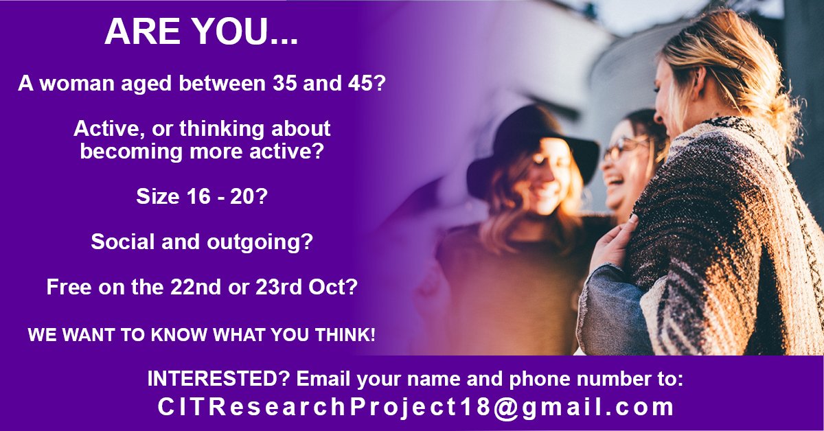 nicoleniri's tweet photo. Calling all #Cork women! Are you aged 35-45, size 16-20 and are active/want to become more active? If so, we'd love to hear your opinions in a focus group next week. We'll provide refreshments, pilates vouchers and spot prizes on the night. Please help us spread the word! #DMCIT https://t.co/0IXUYMBup0