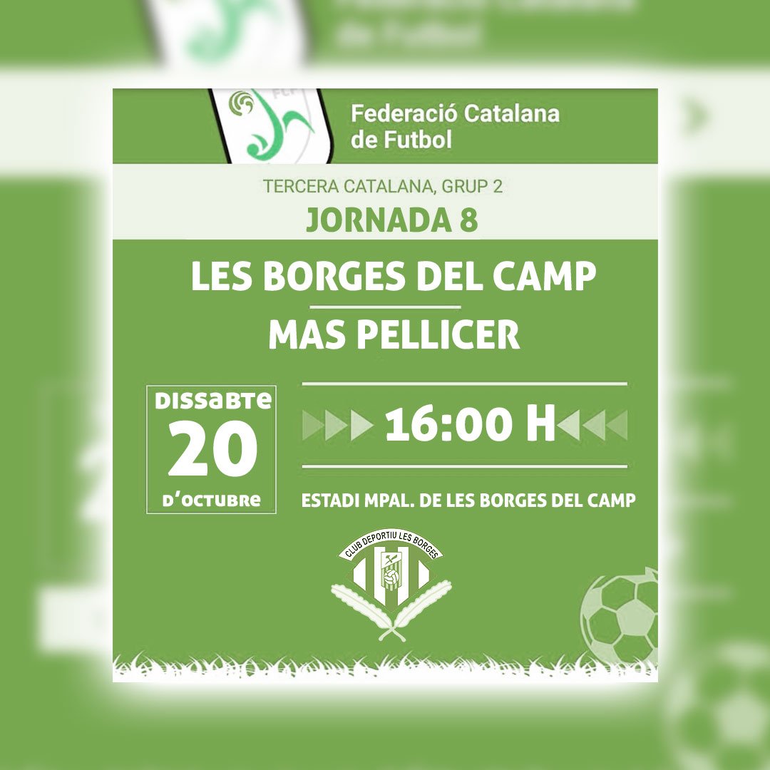 cdlesborges's tweet photo. Dissabte tenim un altre gran partit, juguem a casa contra el Mas Pellicer. No t'ho perdis i vine a animar! #somhiborges #partitapartit #fcf #futcat #borgesdelcamp https://t.co/0vC4drCspV