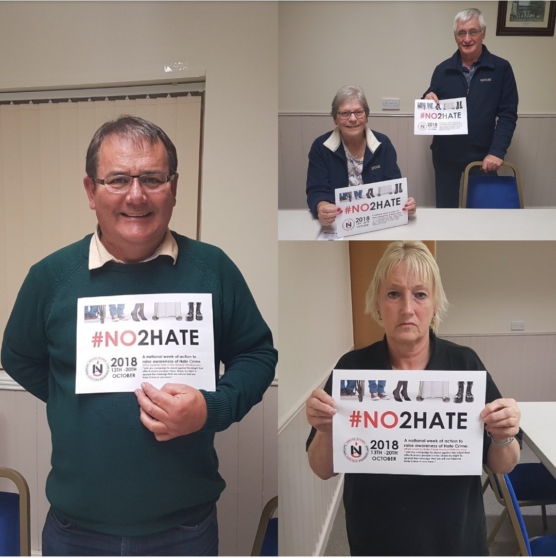 Several members of the Clowne community showing their support for the #NO2HATE campaign. #clownepolice