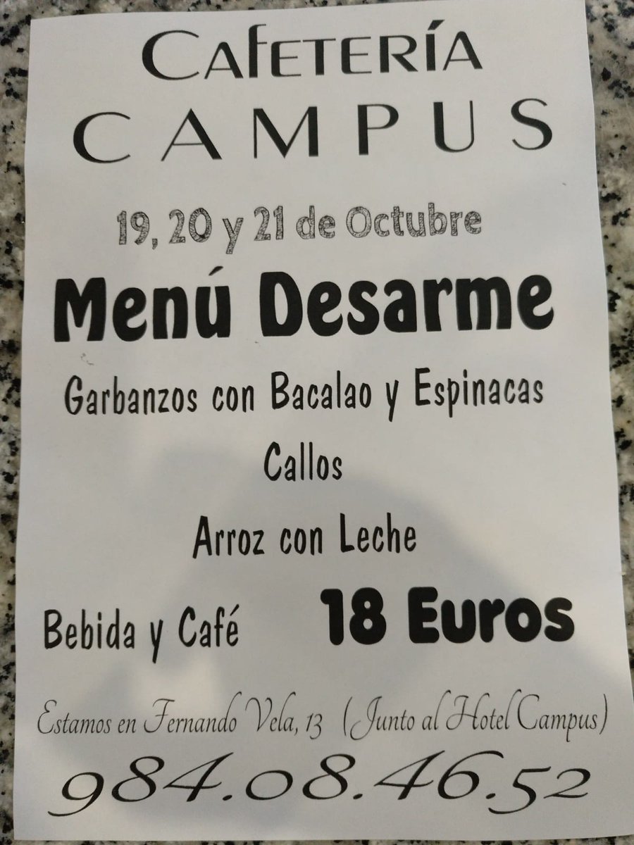 Cafeteriacampu1's tweet photo. Jornadas del Desarme en Oviedo. En Cafetería Campus desde el Viernes 19 al Domingo 21. También Medio Menú Desarme 10 €. No te quedes sin tu mesa
#MenúDesarme #Desarme2018 #JornadasDelDesarme2018 #Oviedo #OviedoDesarme #CafereriaCampus https://t.co/7Zq3Asahzo