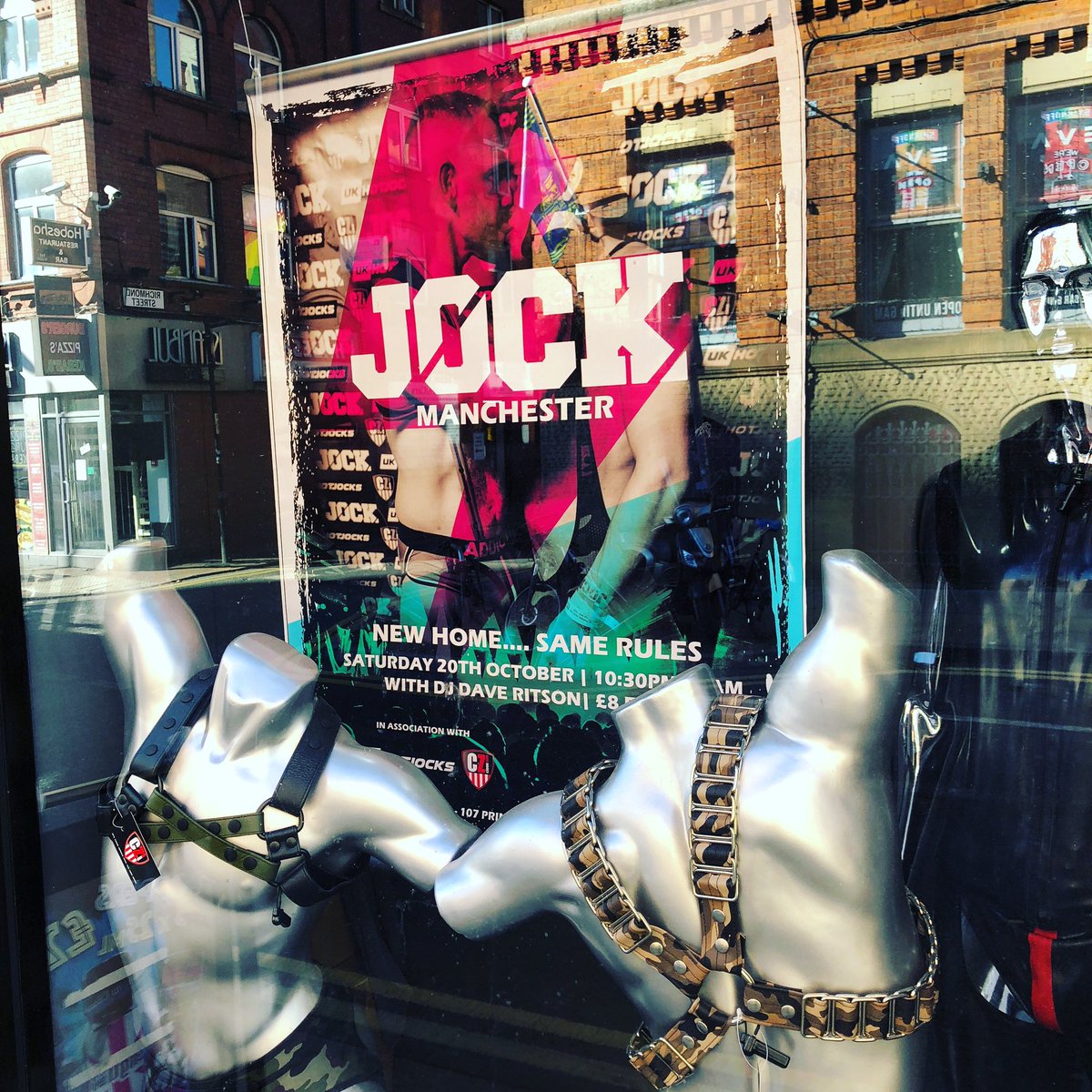 JOCK Manchester promo looking amazing in the window at @czmanchester thanks guys! Look out for our little street parade of hotties this Saturday night