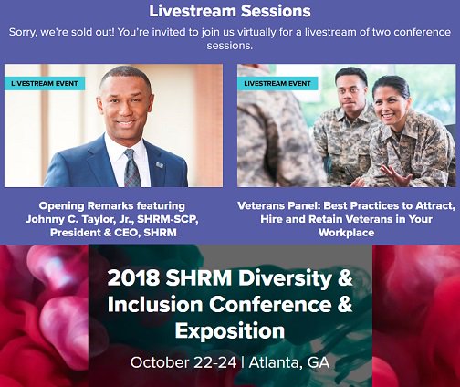 LisaHornTweets's tweet photo. Two great sessions are being live streamed at the sold out #SHRM Diversity &amp; Inclusion Conference next week! https://t.co/6yid1d9vkb #Vets #SHRMDiv https://t.co/mOjOSPv7P0