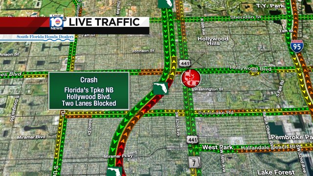 CRASH: Florida's Tpke NB at Hollywood Blvd. Two lanes are blocked. #TRAFFIC https://t.co/NH8fdXxoeK