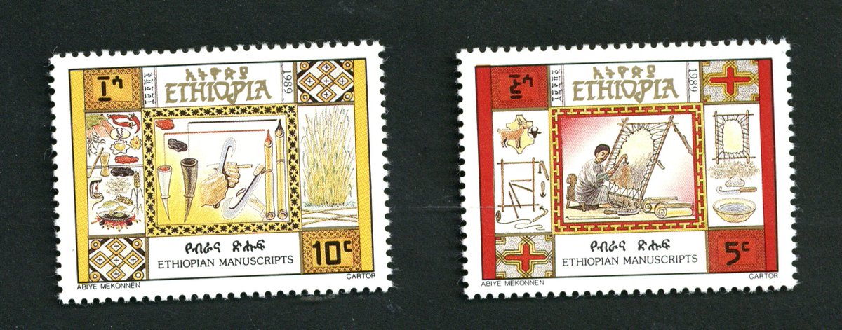 BLPhilatelic's tweet photo. #Ethiopia 1989 'Ethiopian Manuscripts' stamps designed by #AbiyeMekonnen & printed by #Cartor show traditional #ParchmentManufacture, #WritingImplements, #Scribes, #BindingTechniques & #Illumination. #AfricanManuscripts, #Philatelic #BlackHistoryMonth @DerilloEyob @BLAsia_Africa https://t.co/RNoZrSigJA