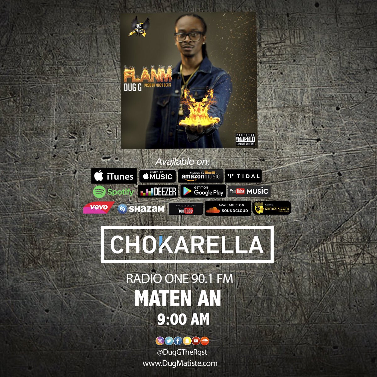 DugGTheRqst's tweet image. Maten an Mwen ap live nan @chokarella avek @carelpedre pou prezante #Flanm nouvo track mwen an , 2e Track ki anonse album #SajèsakPasyans (#DugMatiste_3) #Branche