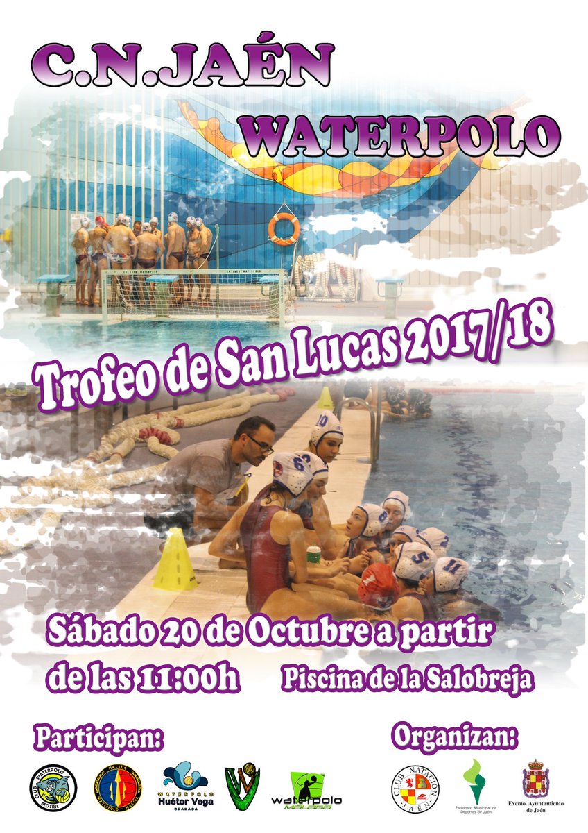 WpFemJaen's tweet photo. Este sábado se celebrará el Trofeo de San Lucas, os animamos a que vengáis para disfrutar de un día de waterpolo. A partir de las 11h en la piscina de la Salobreja jugaremos varios partidos tanto el equipo femenino como el masculino. ¡Os esperamos! https://t.co/MT1wgsnpaW