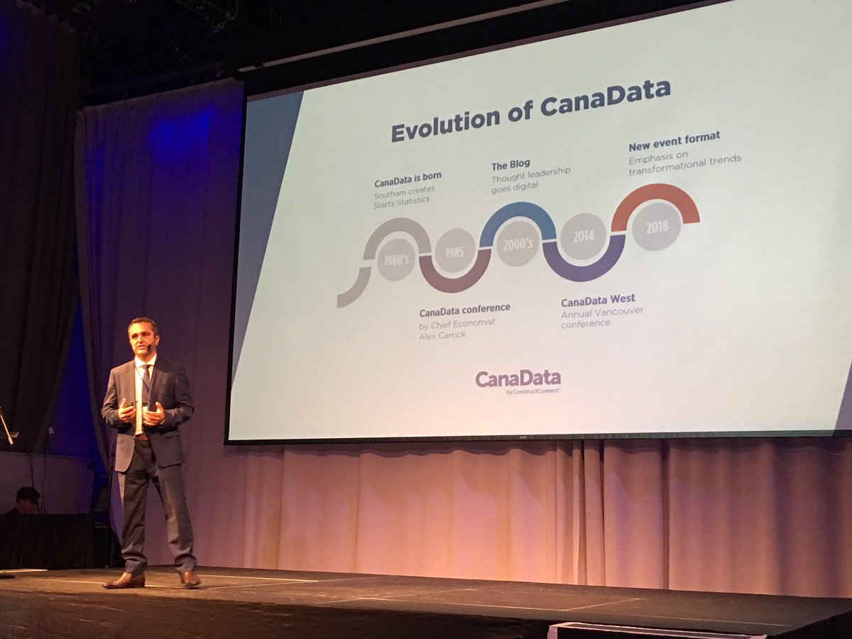EstherNadim's tweet photo. Here we go! @markcas president of @ConstructConnx is kicking off #CanaData18 #construction #tech https://t.co/lEtV5JUgha