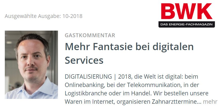 LemonbeatGmbH's tweet photo. "Mehr Fantasie bei digitalen Services"

Unser Gastkommentar von #Lemonbeat CEO Oliver van der Mond im aktuellen #BWK Energie Fachmagazin 10/18 #LeanMetering 

https://t.co/3YjtatBpcr https://t.co/j0QQ9iKTgF