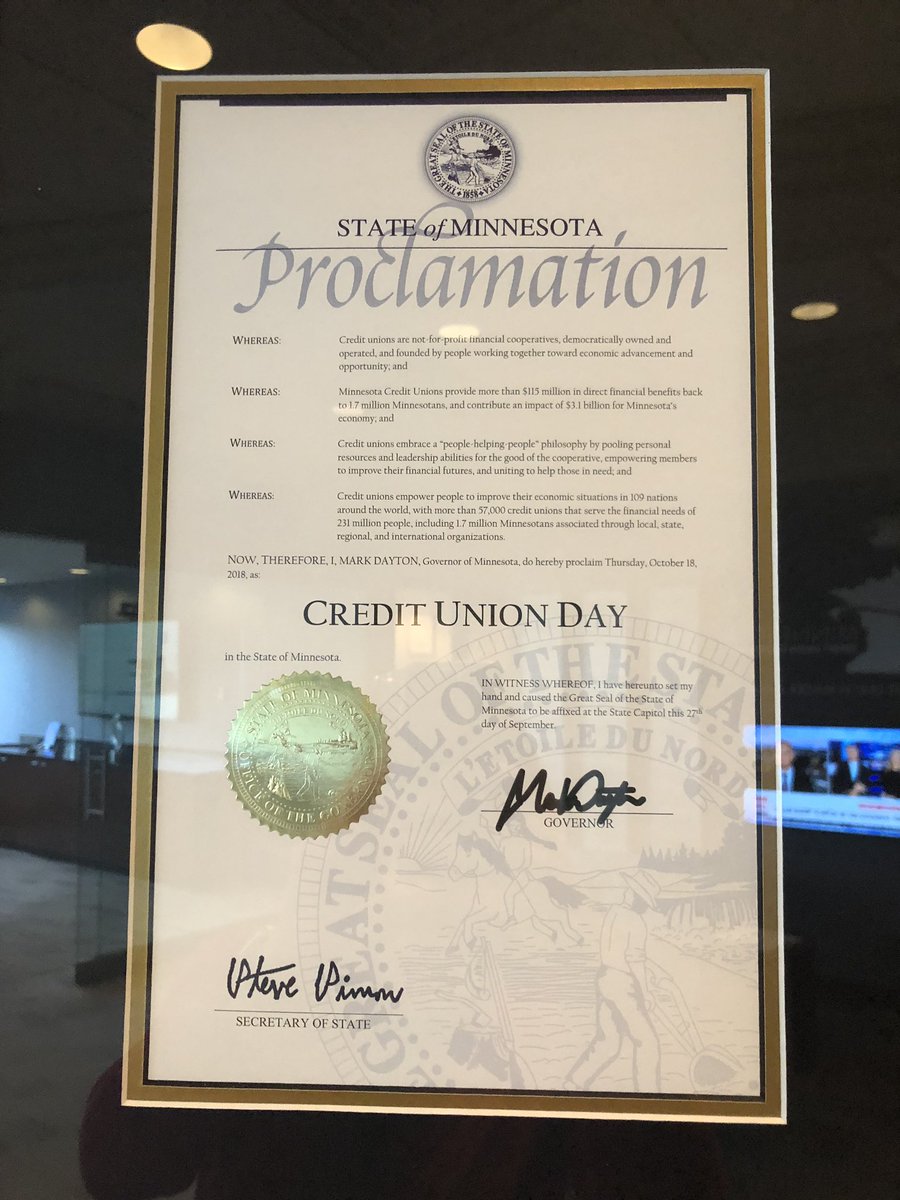 Minnesota <a href="/GovMarkDayton/">Governor Mark Dayton</a> has declared today Credit Union Day in Minnesota in recognition of the 70th anniversary of #ICUDay and MN credit unions’ impact. #platinumliningfound