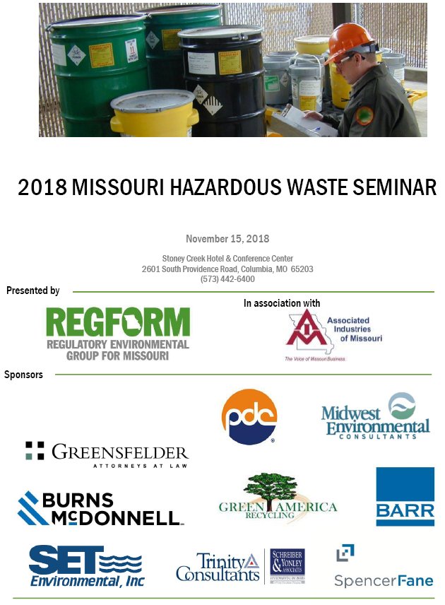 GoREGFORM's tweet image. Red Tape Reduction rule changes, satellite accumulation areas, Subpart BB LDAR, Risk-based target levels, &amp;amp; more...all on the agenda for the Missouri Hazardous Waste Seminar #MOWasteSeminar November 15 Register here: lnkd.in/e3MWN2i  Don't wait. Prices escalate on 10/30.