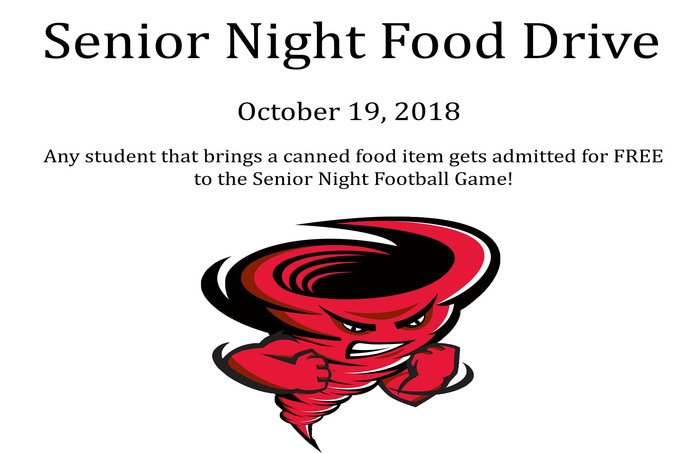 Students will be admitted free to the Senior Night Football game on 10/19/18 with the donation of a canned food item to help support our Cyclone Supply Station.