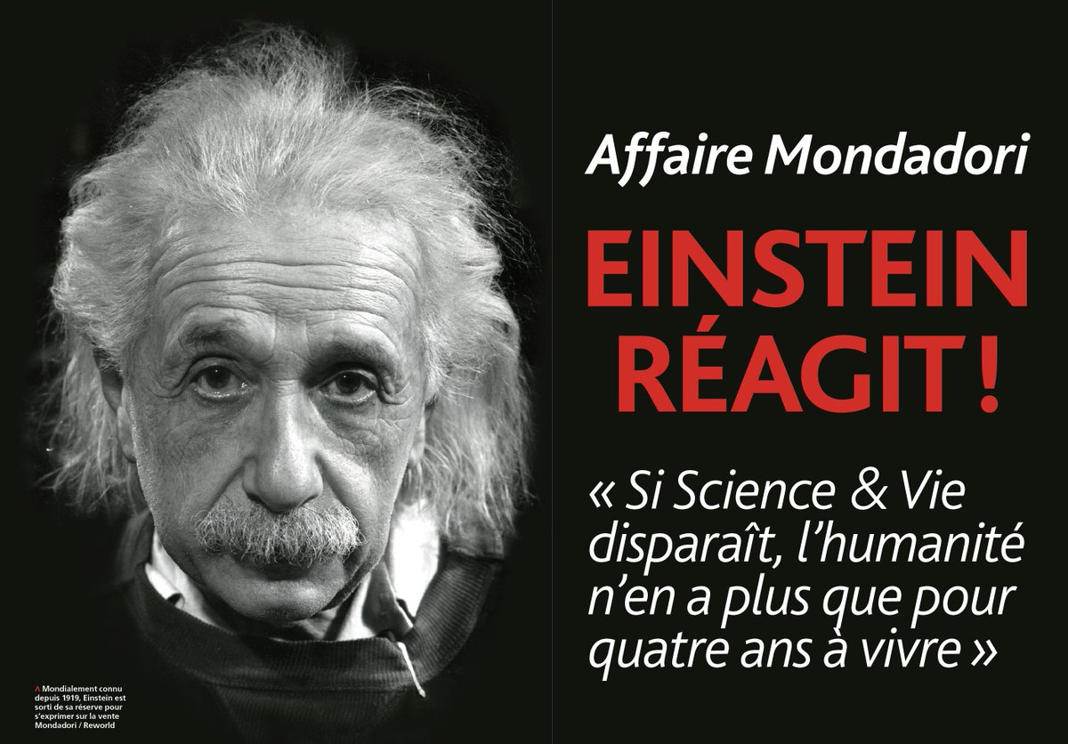 CecileBonneauSV's tweet image. EXCLUSIF
Albert Einstein a réagi ce matin aux menaces qui pèsent sur Science &amp;amp; Vie:
&quot;Si Science&amp;amp;Vie disparait, l&apos;humanité n&apos;en a plus que pour quatre ans à vivre&quot;, prévient le physicien.