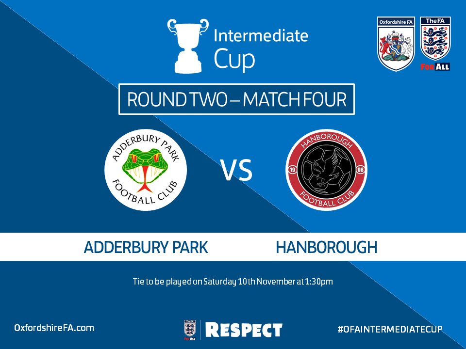 OxfordshireFA's tweet photo. 🏆 #OFAINTERMEDIATECUP Round Two Match Four will be...

@AdderburyParkFC 
vs
@HanboroughFC https://t.co/RuULybQoBt