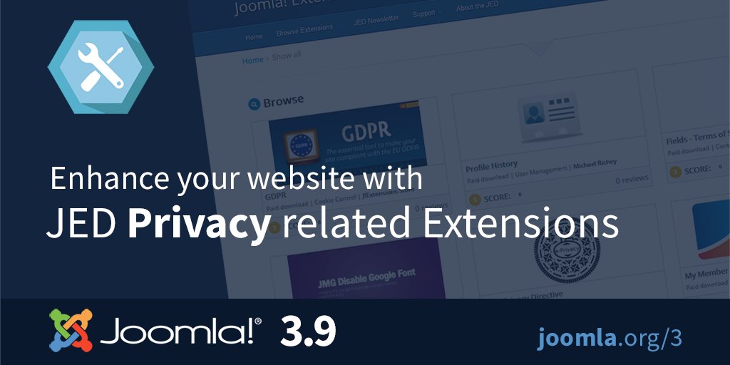 joomla's tweet photo. Want handy extensions such as #Cookie #Consent? Take a trip to the new #Data #Privacy #extensions on the #Joomla Extensions Directory
Browse the extensions at https://t.co/L9kKfIMf0l
Visit the Joomla 3.9 website at https://t.co/GfAMLktP4j
Download 3.9 at https://t.co/9FY1luyYQ4 https://t.co/tgTNobIrXQ