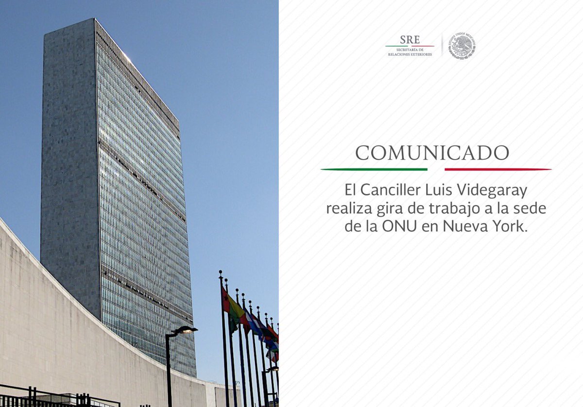 El día de hoy, el Secretario de Relaciones Exteriores, <a href="/LVidegaray/">Luis Videgaray Caso</a>, inicia una gira de trabajo en la sede de la Organización de las Naciones Unidas, <a href="/ONU_es/">Naciones Unidas</a>, en la ciudad de Nueva York. #Comunicado ✍🏻 bit.ly/2PNCBjS